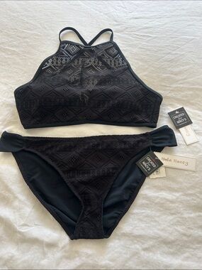 Hula Honey Black Lace High-Neck Bikini Top and Matching Bottoms